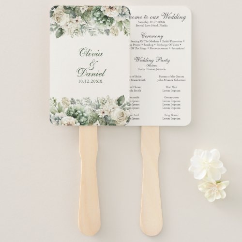 Boho Sage Green and Ivory Flowers Wedding Program Hand Fan