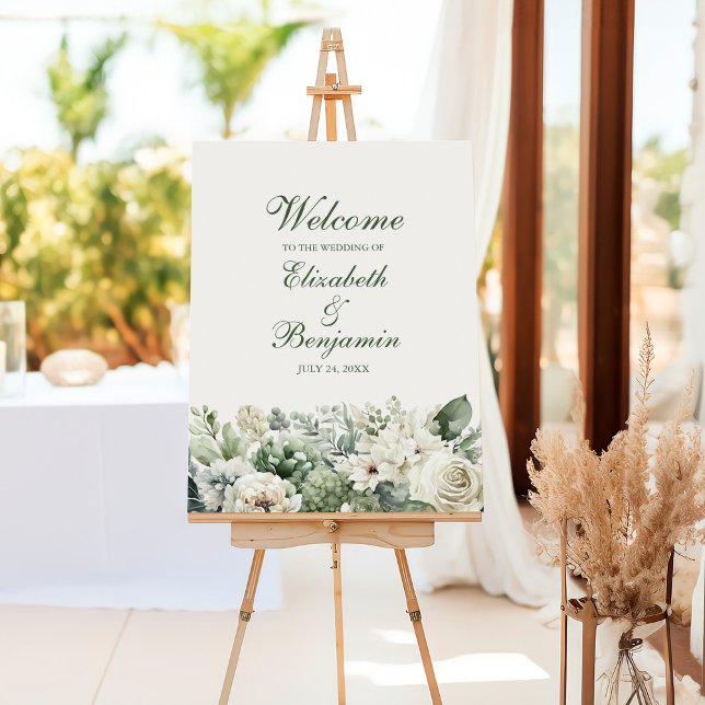 Boho Sage Green and Ivory Flowers Wedding  Welcome Foam Board (Boho Sage Green and Ivory Flowers Wedding Welcome Foam Board)