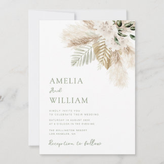 boho sage green and pampas grass wedding invitation