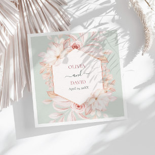 Boho Sage Green and Pink Roses Wedding Napkins