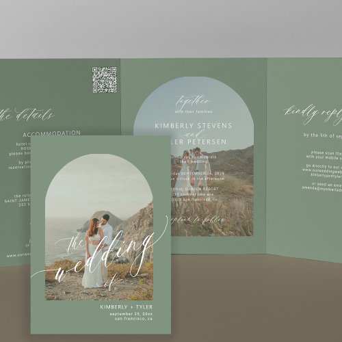Boho sage green arch photo QR code wedding