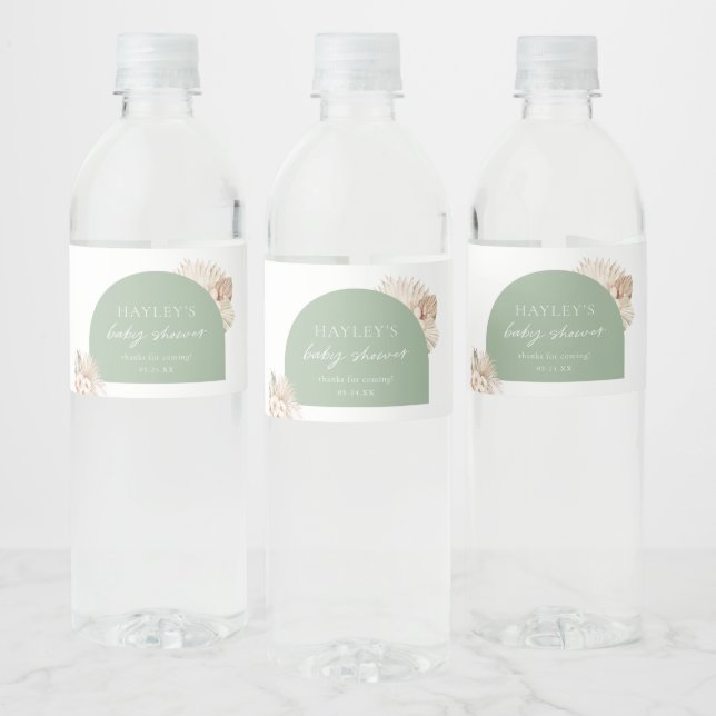 Boho Sage Green Baby Shower Favor Water Bottle Label (Bottles)
