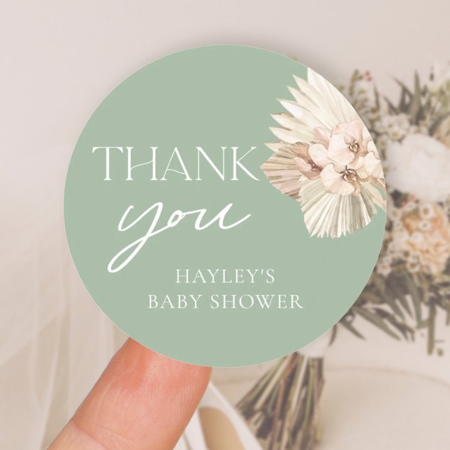 Boho Sage Green Baby Shower Thank You Classic Round Sticker (Creator Uploaded)