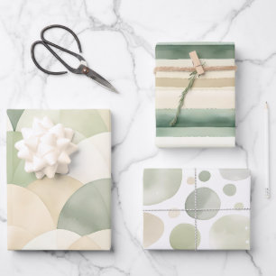 Boho Sage Green Beige Watercolor Abstract Wrapping Paper Sheets