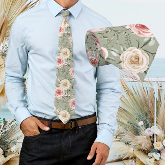 Boho Sage Green Blush Cream Floral Neck Tie