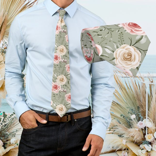 Boho Sage Green Blush Cream Floral Neck Tie (Creator Uploaded)