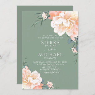 Boho Sage Green Blush Peach Cream Floral Wedding Invitation