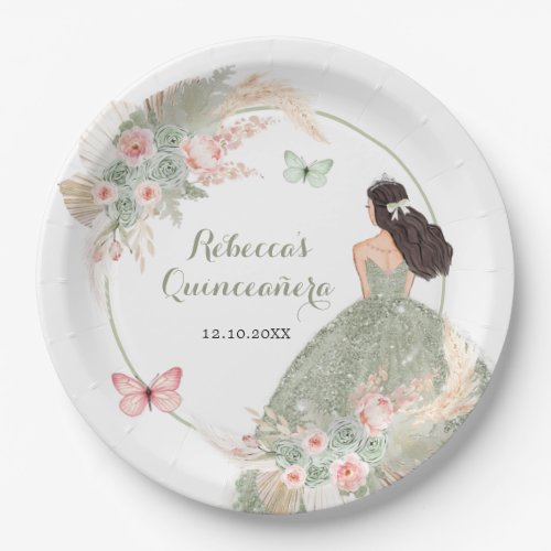 Boho Sage Green Blush Pink Quinceaera Paper Plates