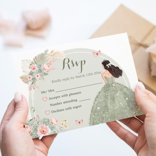 Boho Sage Green Blush Pink Quinceañera RSVP Card (Creator Uploaded)