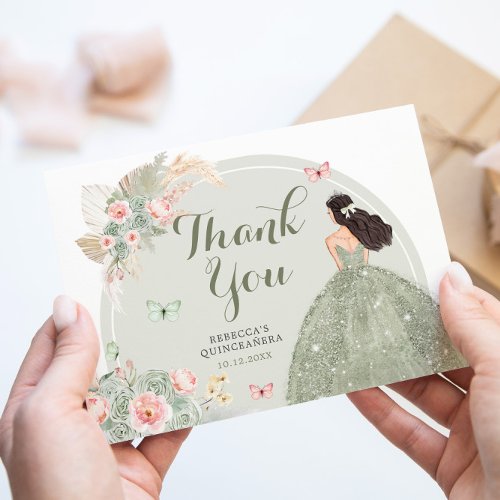 Boho Sage Green Blush Pink Quinceaera Thank You Card