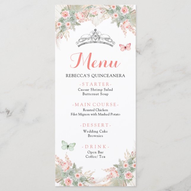 Boho Sage Green Blush Pink Royal Quinceañera Menu (Front)