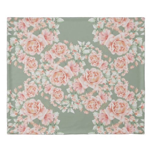 Boho Sage Green Blush Pink Watercolor Floral Roses Duvet Cover