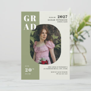 Boho Sage Green Bold Typography Photo Graduation Invitation