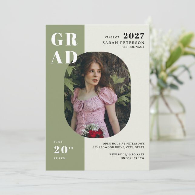 Boho Sage Green Bold Typography Photo Graduation Invitation (Standing Front)