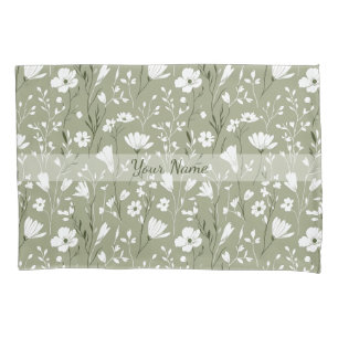 Boho Sage Green Botanical Personalized Floral Pillow Case