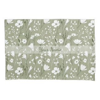 Boho Sage Green Botanical Personalized Floral  Pillow Case