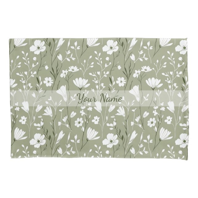 Boho Sage Green Botanical Personalized Floral  Pillow Case (Front)