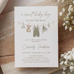 Boho Sage Green Boy Baby Clothes Baby Shower Invitation