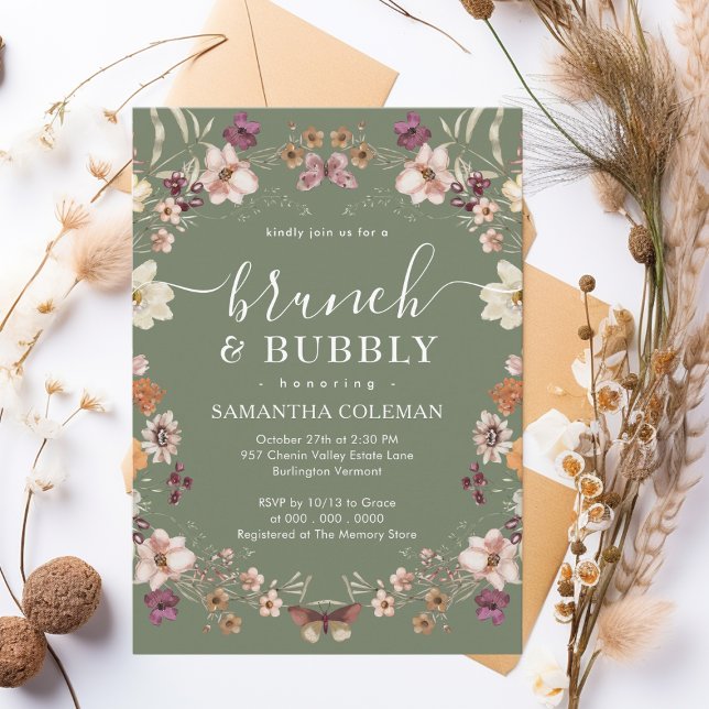 Boho Sage Green Brunch and Bubbly Bridal Shower Invitation (Creator Uploaded)