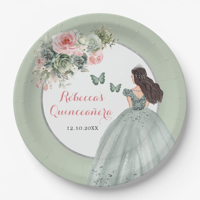 Boho Sage Green Dress Princess Girl Sweet 16 Años Paper Plates (Front)