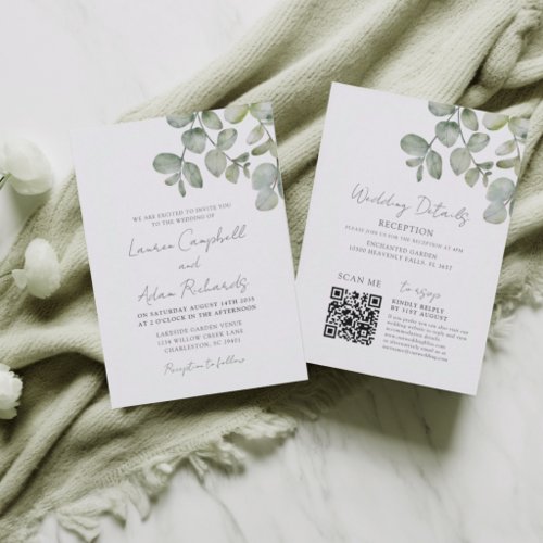 Boho Sage Green Eucalyptus All In One Wedding Invitation