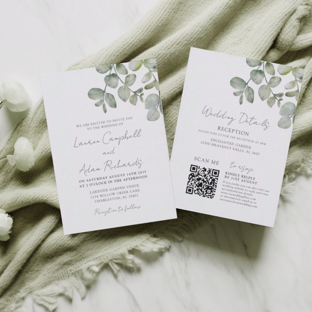 Boho Sage Green Eucalyptus All In One Wedding Invitation (Creator Uploaded)