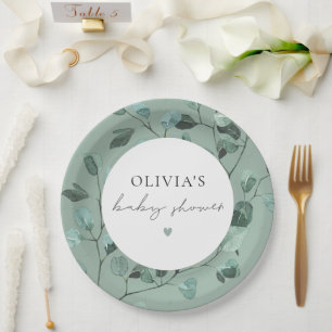 Boho Sage Green Eucalyptus Baby Shower Paper Plates