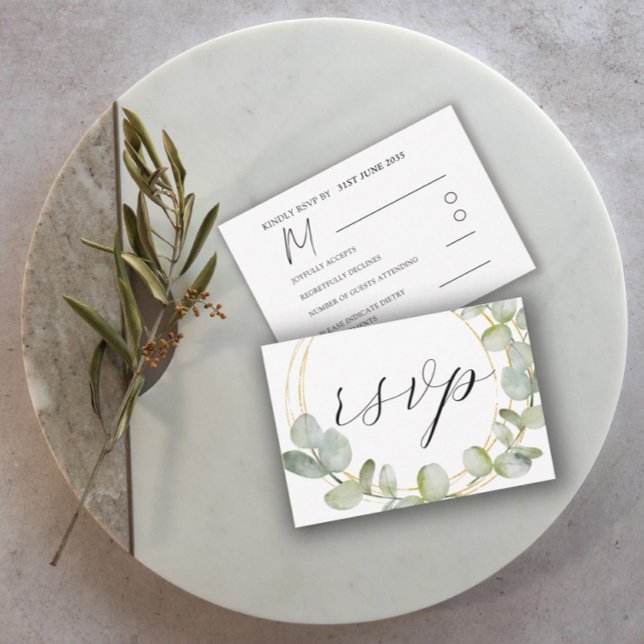 Boho Sage Green Eucalyptus & Gold Wedding RSVP Card (Creator Uploaded)