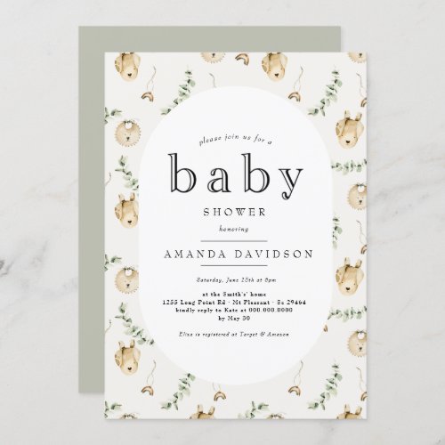 Boho Sage Green Eucalyptus Rainbow Baby Shower Invitation - This baby shower invite features watercolor boho elements of nursery (baby toys, such as teddy bear and rainbow, as well as baby clothes). It is perfect for gender neutral, muted baby showers for moms- to-be. you can edit all wording, change color of the text, font as well as background of color to your desire. Template will allow you to play around to adjust it to your taste.

