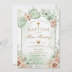 Boho Sage Green Floral Boy Gold Cross Holy Baptism Invitation