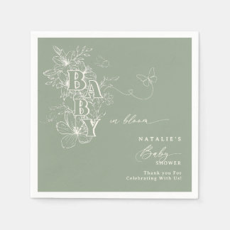 Boho Sage Green Floral Butterflies Baby in Bloom Napkins
