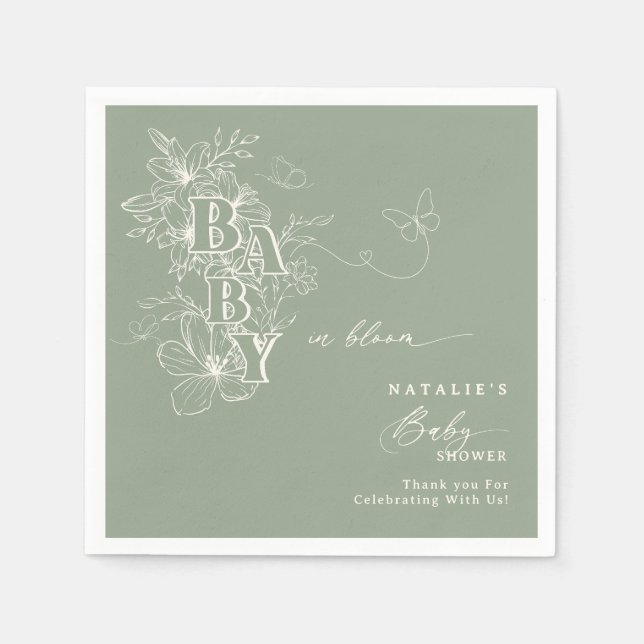Boho Sage Green Floral Butterflies Baby in Bloom Napkins (Front)
