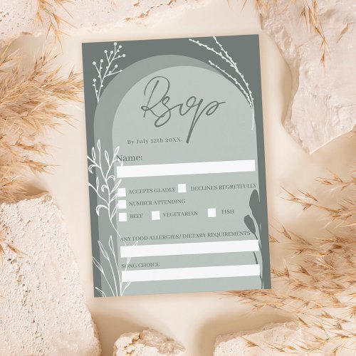 Boho sage green floral chic script arch wedding invitation