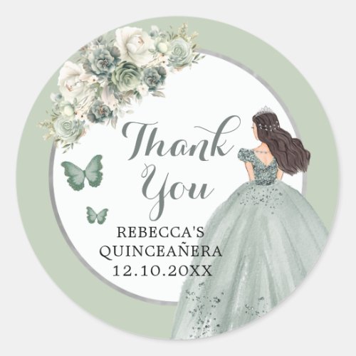Boho Sage Green Floral Girl Floral Quinceaera  Classic Round Sticker
