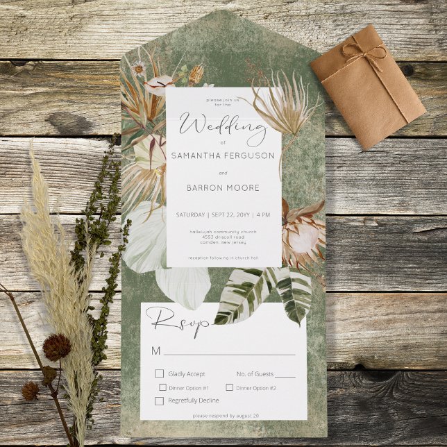 Boho Sage Green Floral Grass Dinner All In One Invitation (Creator Uploaded)