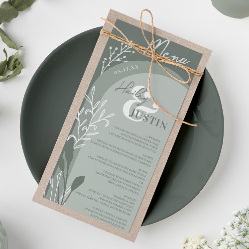 Boho sage green floral names script arch wedding menu