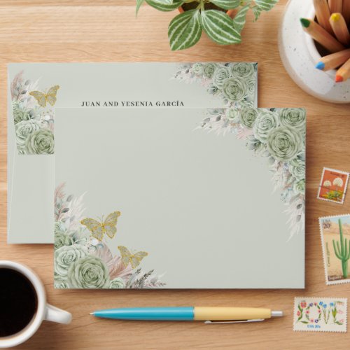 Boho Sage Green Floral Pampas Grass Quinceaera Envelope