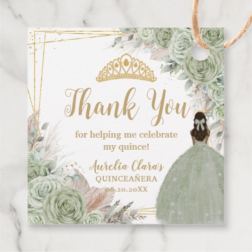 Boho Sage Green Floral Pampas Quinceaera Princess Favor Tags