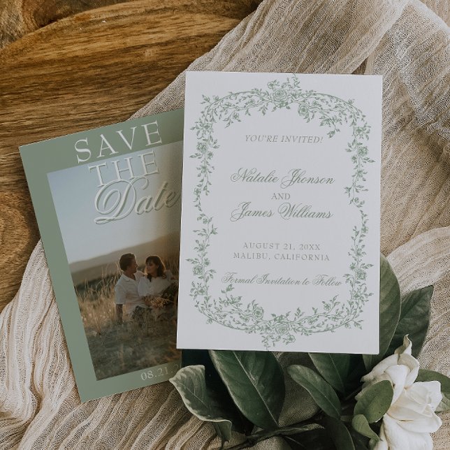 Boho Sage Green Floral Photo Wedding Save The  Date (Creator Uploaded)