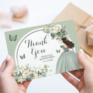 Boho Sage Green Floral Princess Quinceañera Thank You Card