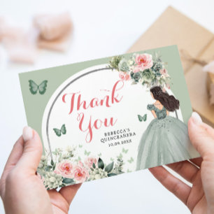 Boho Sage Green Floral Princess Quinceañera Thank You Card