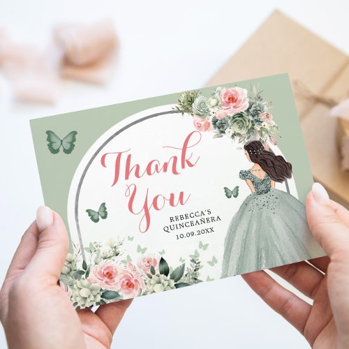 Boho Sage Green Floral Princess Quinceaera Thank You Card