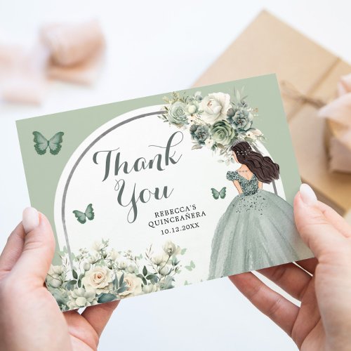 Boho Sage Green Floral Princess Quinceaera Thank You Card