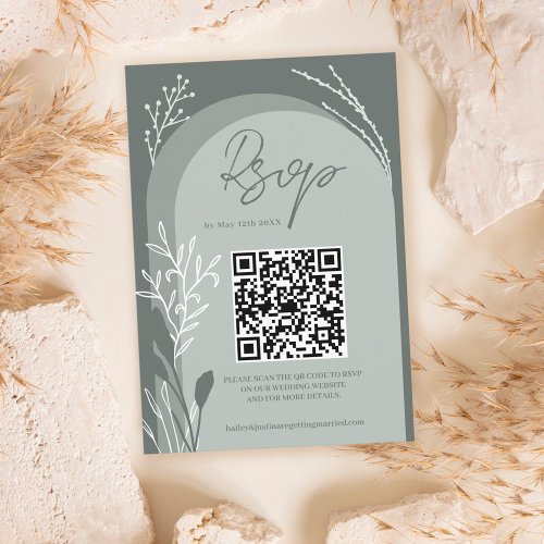 Boho sage green floral Qr code script arch wedding RSVP Card