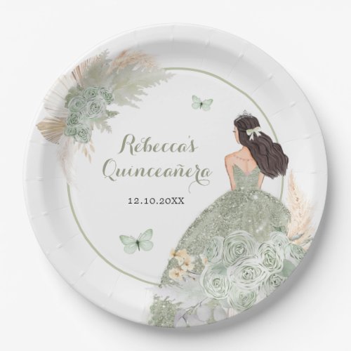 Boho Sage Green Floral Quinceaera Paper Plate