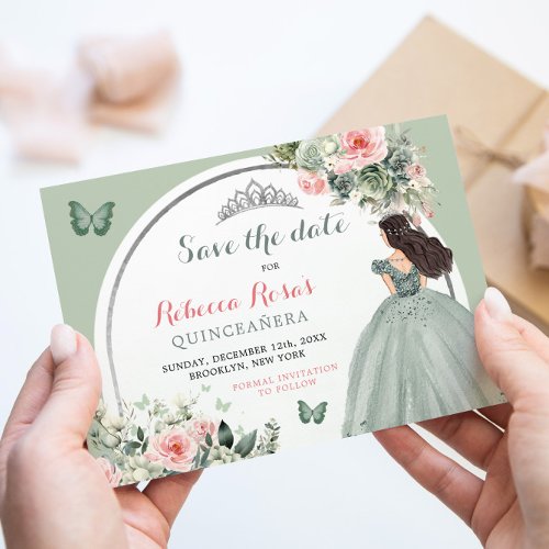 Boho Sage Green Floral Quinceaera Save The Date Invitation