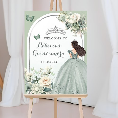 Boho Sage Green Floral Quinceaera Welcome Poster