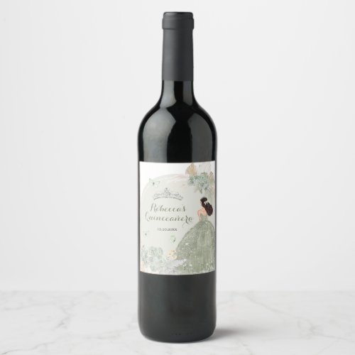 Boho Sage Green Floral Quinceaera Wine Label