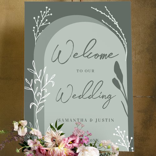 Boho sage green floral script arch wedding welcome foam board