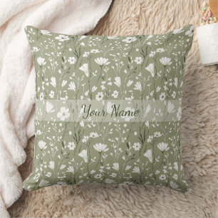 Boho Sage Green Floral Wildflowers Personalized Throw Pillow